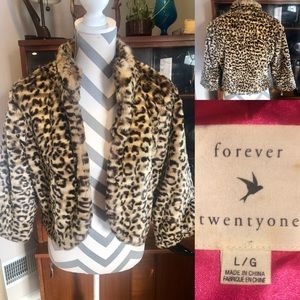 Forever 21 faux fur leopard cropped bolero shrug jacket /Size-L